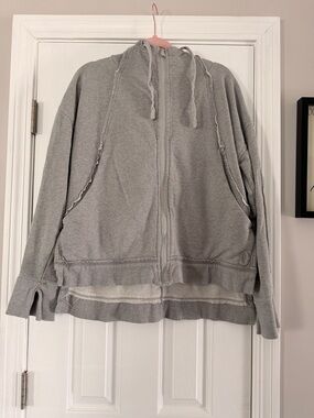 FP Movement by Free People Light Gray Zip Hoodie with Raw-Edge Details